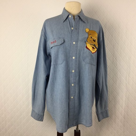 Disney Catalog Womens Top Blouse Winnie the Pooh Pocket Denim Cotton Size Medium - Picture 1 of 9